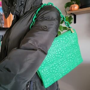 Chic Green Quilted Flower Vegan Leather Shoulder Bag
